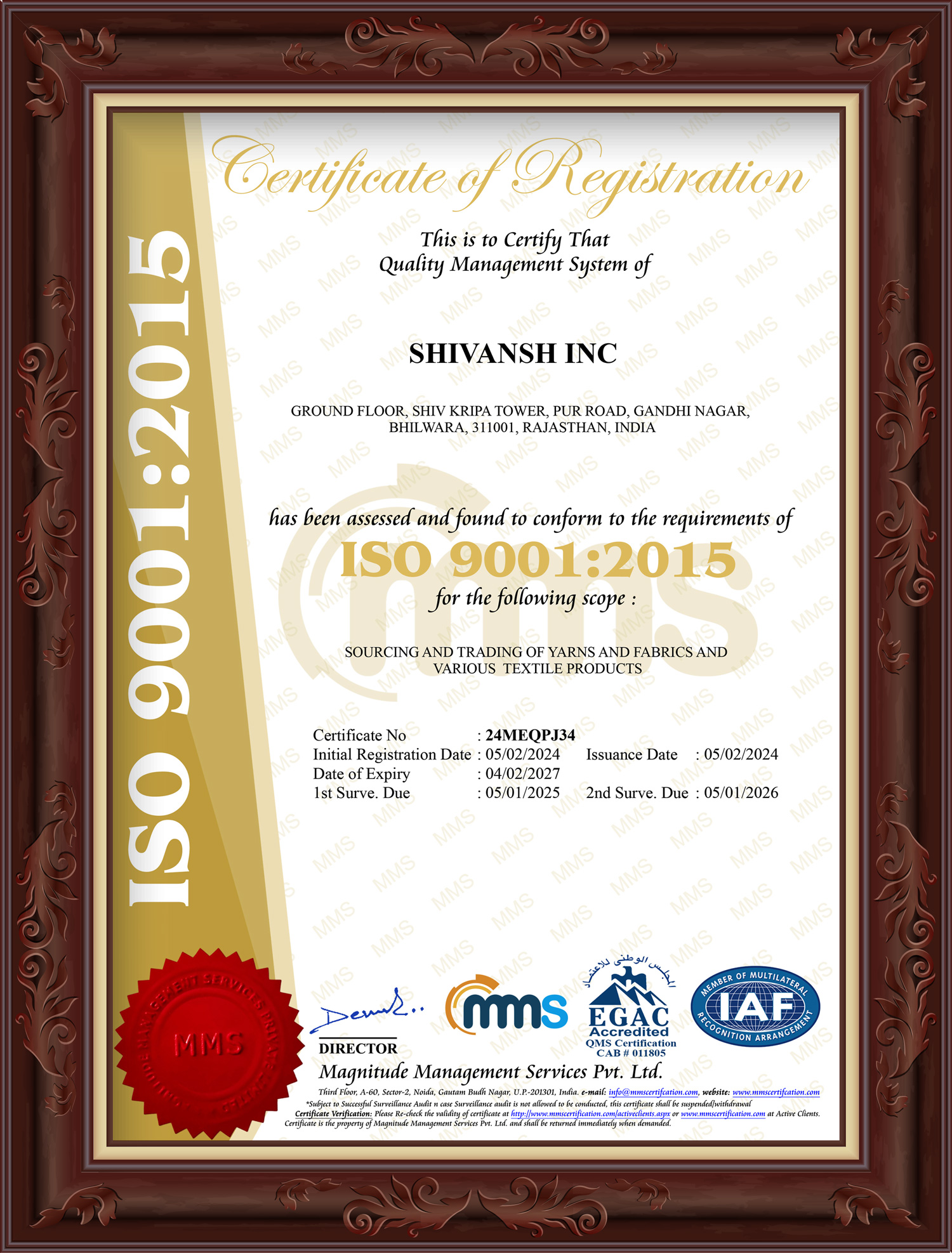 ISO 9001:2015 Shivansh INC Certificate